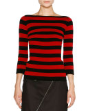 Striped Boat-Neck 3/4-Sleeve Tee, Black/Pomegranate