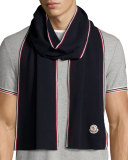 Wool Tricolor-Trim Logo Scarf, Navy