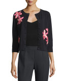 floral-appliqué button-front cardigan, black