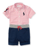 Striped Poplin Shirt w/ Twill Shorts, Red/White, Size 9-24 Months