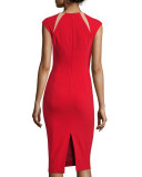 Cap-Sleeve Contrast-Inset Sheath Dress, Crimson