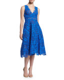 Sleeveless Fit-&-Flare Lace Dress, Cobalt