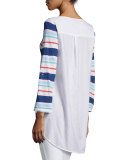 Striped Tunic with Button-Tab Sleeves, Multicolor