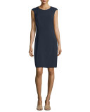 Cap-Sleeve Round-Neck Sheath Dress, Navy