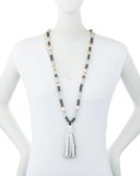 Long Beaded Necklace with Leather Tassel, Blue/Gray