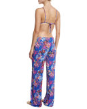 Floral-Print Wide-Leg Coverup Pants, Blue Multi
