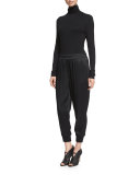 Cropped Satin Track Pants, Black