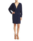 Long-Sleeve V-Neck Dress, Dark Navy