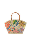 Leaf Appliqué Straw Tote, Natural 