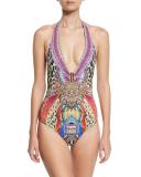 Halter-Neck Embellished One-Piece Swimsuit, Kingdom Call