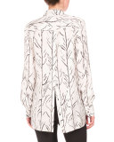 Vine-Print Long-Sleeve Blouse, White/Black