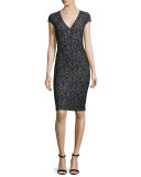Crisscross Knit V-Neck Cap-Sleeve Dress, Caviar/Bianco