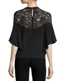 Lace-Shoulder Batwing-Sleeve Top, Black