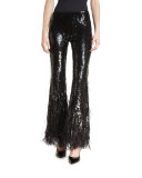 Sequined Flare-Leg Pants with Feathers, Black