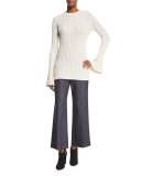 Bell-Sleeve Ribbed Pullover Top, Champagne