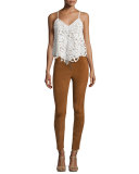Front-Zip Suede Leggings, Tan
