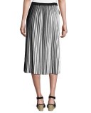 Striped Cotton Crepe Plisse Skirt, Black/White