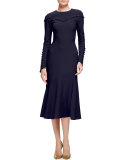 Button-Trim Long-Sleeve Midi Dress, Navy