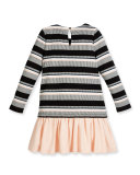 long-sleeve striped flounce dress, black/white, size 7-14
