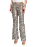Dangling Metallic Flare-Leg Pants, Silver/Suntan