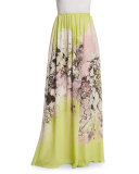 Kimono Floral-Print Long Skirt, Yellow/Pink