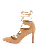 Leila Suede Lace-Up Pump, Almond
