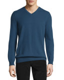 Cashmere Long-Sleeve V-Neck Sweater, Heather Militia