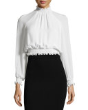 Hera Cropped Frill Silk Blouse, Ivory