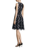 Sleeveless Printed Floral Lace Cocktail Dress, Black/Gunmetal