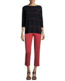 3/4-Sleeve Striped Layered-Hem Sweater, Ink/Red Rock