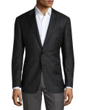 Windowpane Check Two-Button Sport Coat, Charcoal/Brown