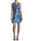 Sleeveless Split-Neck Printed Dress, Blue