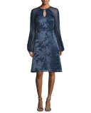 Sheer-Sleeve Burnout Dress, Navy