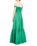 Off-the-Shoulder Satin & Crepe Gown, Emerald
