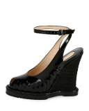 Intrecciato Peep-Toe Wedge Sandal, Black
