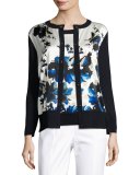 Painted Oleandar 3/4-Sleeve Cardigan, Blue Pattern 