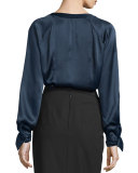 Long-Sleeve Charmeuse Blouse, Midnight