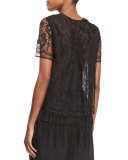 Short-Sleeve Lace T-Shirt W/Fringe Hem, Black