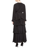 Tiered Plisse Maxi Skirt, Black