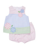 Sleeveless Floral Striped Seersucker Dress w/ Bloomers, Multicolor, Size 3-24 Months