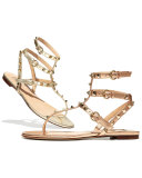 Rockstud Metallic Ankle-Wrap Thong Sandal, Platino