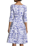 Floral 3/4-Sleeve A-Line Dress, Blue Violet/White