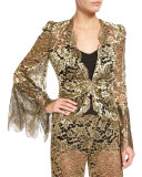 Metallic Lace V-Neck Jacket, Gold