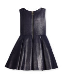 Sleeveless Pleated Metallic Ponte Dress, Twilight Navy, Size 2-6