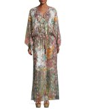 Paisley Belted Long-Sleeve Gown, Pink/Multi