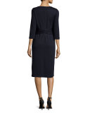 3/4-Sleeve Wool Dress w/ Faux-Wrap Waist, Plus Size