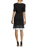 Striped-Trim Milano Knit Half-Sleeve Dress, Caviar/Bianco