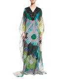 Embellished-Neck Floral-Print Caftan, Green Floral
