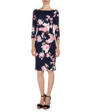 Reese 3/4-Sleeve Floral-Print Dress, Navy/Pink