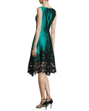 Sleeveless Structured Satin Lace-Trim Dress, Teal